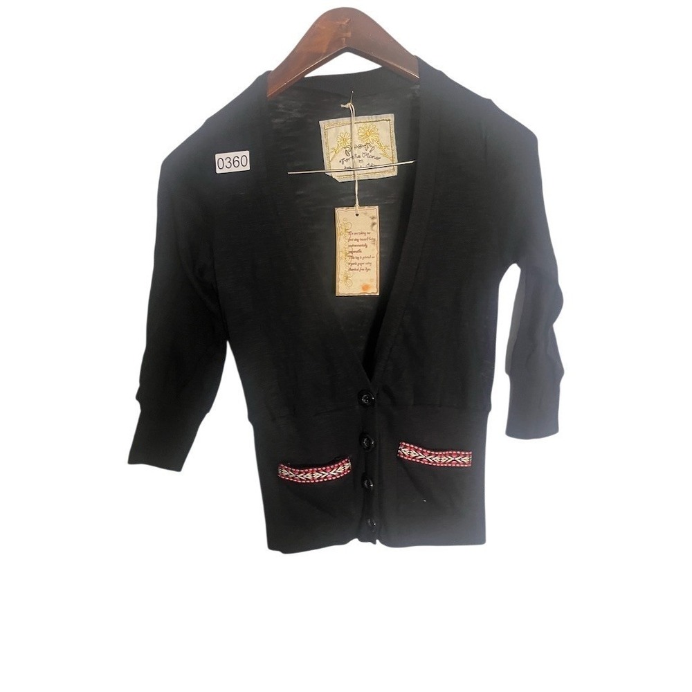 Poof Cardigan Sweater Womens M Black V-Neck 3/4 Sleeve Button Front‎